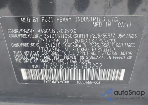 2011 Subaru Forester 2.5X Premium z USA, uszkodzony, nr VIN JF2SHBDC5BH743292